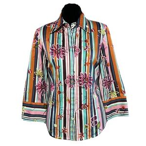 Bentley A Shirt 10 Bold Colorful Stripe Floral 3/4 Sl Button Retro Office